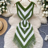 Joskaa 2025 Women's Striped Patchwork Knitted V-Neck Sleeveless Bodycon Asymmetric Fringe Hem Dress Holiday Beach Streetwear