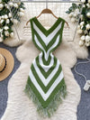 Joskaa 2025 Women's Striped Patchwork Knitted V-Neck Sleeveless Bodycon Asymmetric Fringe Hem Dress Holiday Beach Streetwear