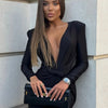 Mozision Deep V Neck Long Sleeve Skinny Jumpsuits Women Rompers Elegant Black High Waist Ruched Slim Sexy Jumpsuit Outfits