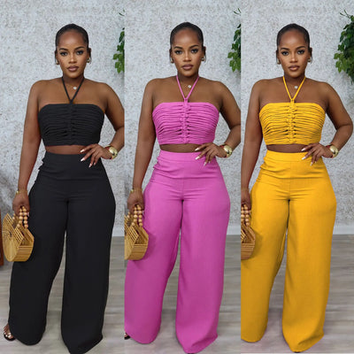 Pant Set Women Two Piece Sets Sexy Sleeveless Tops Drawstring Wide Leg Long Pants High Waist Y2k Streetwear Elegant Splice