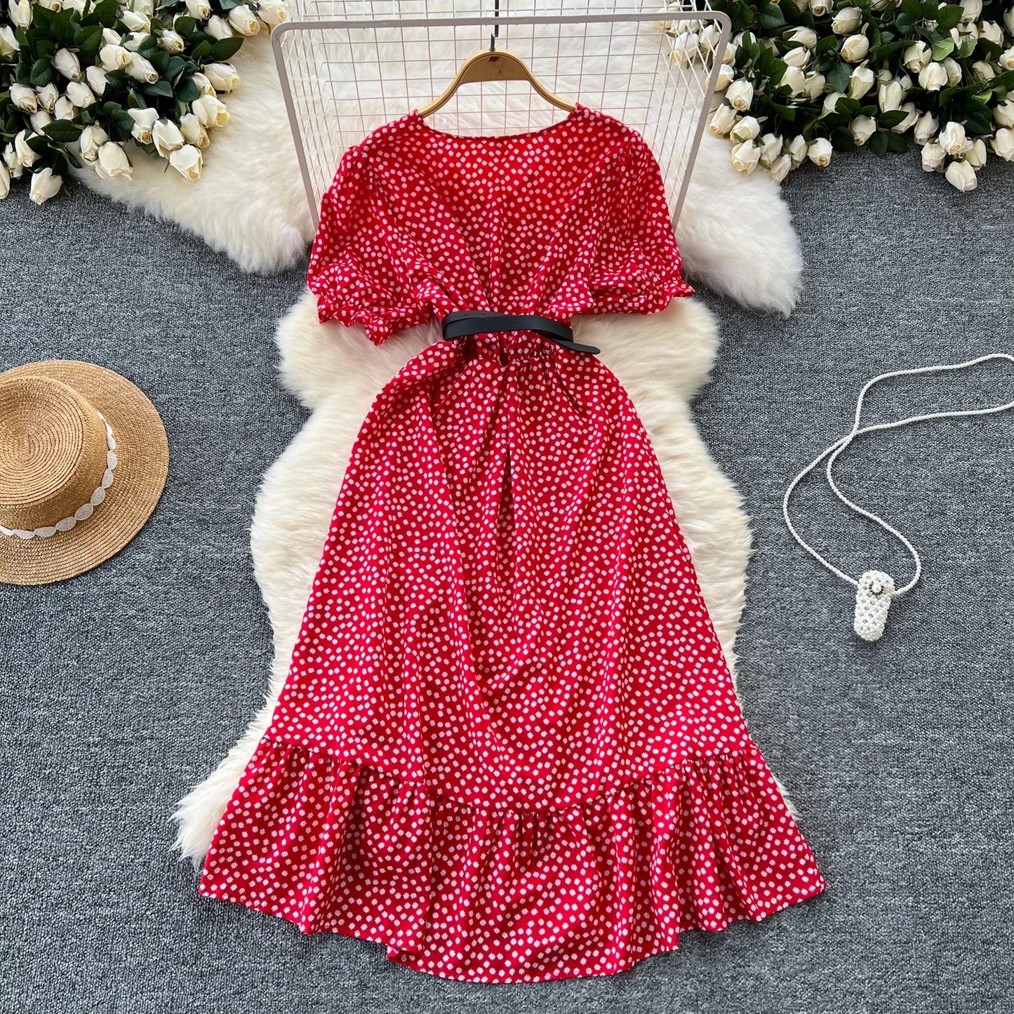 Sommer Plissiert Damen Knopfkleider Lässige Strandurlaub Kurzarm V-Ausschnitt Damen Midikleid Böhmische Mujer Vestidos