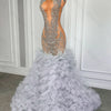 Puffy Tiered Ruffle Silver Long Prom Dress Black Girls Luxury Crystal Rhinestones See Through Mermaid Prom Gowns Customized