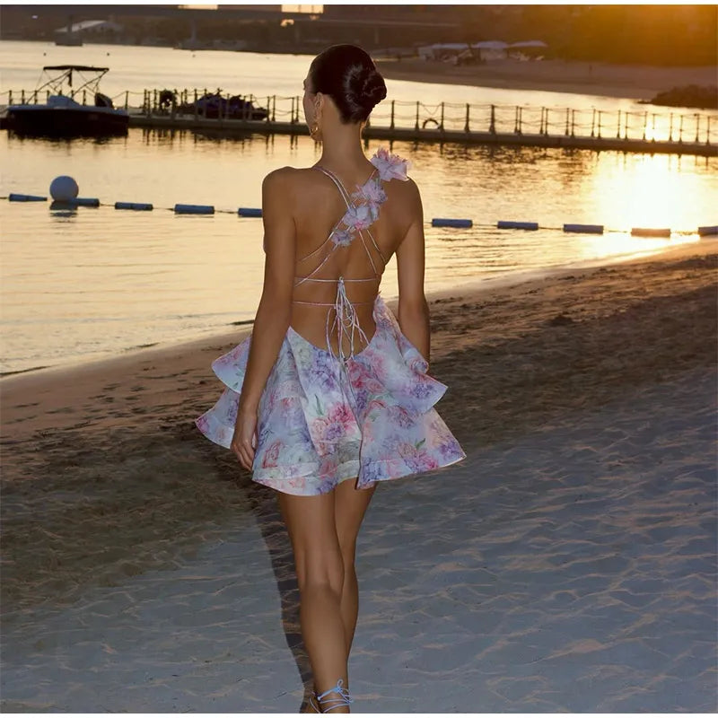 Damen Batik 3D Blumen Tief V-Ausschnitt ausgestellte Ärmel Minikleider Mode Slim Bedruckt Mehrfachfalten Vestidos Neue Damen Urlaubskleidung