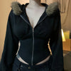 BIIKPIIK Pelzkragen Kapuzenmäntel für Damen Lässiger Reißverschluss Slim Hoodies Einfache All-match Schwarz Harajuku Mantel Herbst Winter Sweatshirts