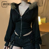 BIIKPIIK Pelzkragen Kapuzenmäntel für Damen Lässiger Reißverschluss Slim Hoodies Einfache All-match Schwarz Harajuku Mantel Herbst Winter Sweatshirts