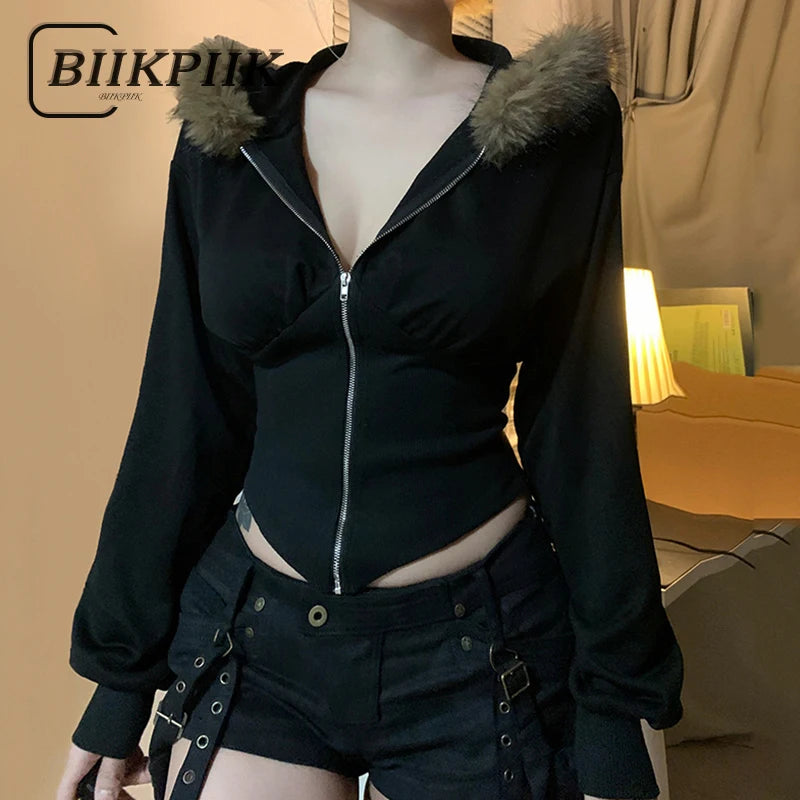 BIIKPIIK Pelzkragen Kapuzenmäntel für Damen Lässiger Reißverschluss Slim Hoodies Einfache All-match Schwarz Harajuku Mantel Herbst Winter Sweatshirts