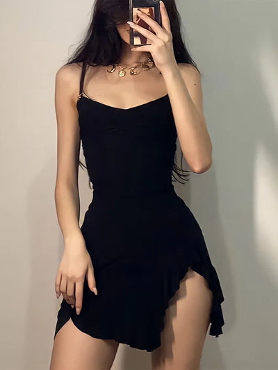 Sexy Sommer Minikleid Damen Neue Schwarze Mode Streetwear Ärmellos Rückenfrei Falten Split Kleid Elegantes Party Spaghetti-Träger A-Linien-Kleid