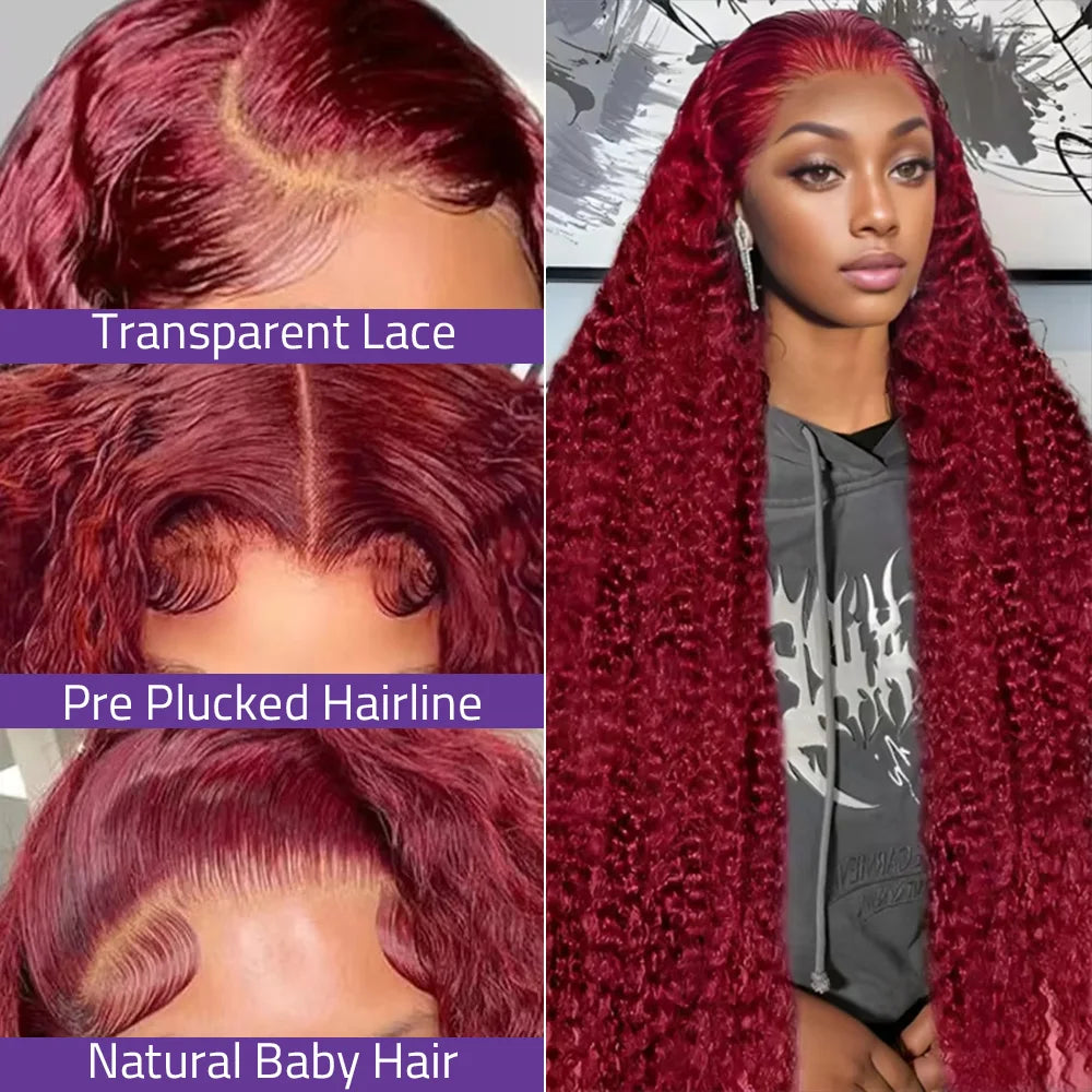 40 Inch Red Colored 13x6 Hd Lace Frontal Human Hair Wigs Pre Plucked 99J Burgundy Water Deep Wave Curly 30 36 40 Inch 13x4 Lace Front Wig For Women