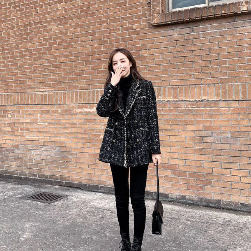 Tweed-Karo Anzugjacke Damen Oberbekleidung Lockerer Mittellanger Zweireihiger Freizeit-Wollblazer Top 2024 Frühling Herbst Neuer Schicker Anzug