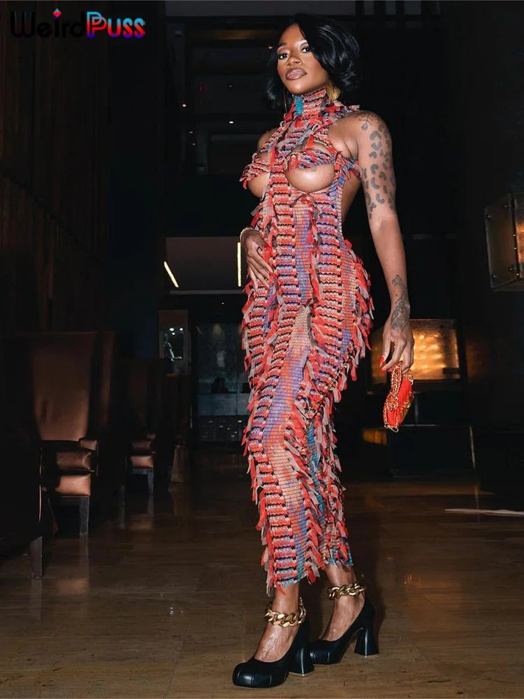 Weird Puss Sexy Hollow Dress Damen Strick Buntes Quasten Backless Y2k Sommer Trend Stretch Ärmellos Elastisch Bodycon Clubwear