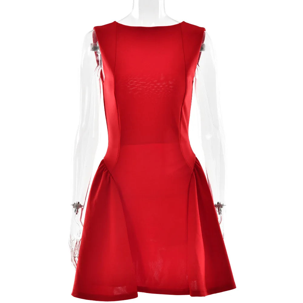 CM.YAYA Summer Women Sleeveless Elegant O-Neck Ruched A-Line Dress 2025 Beach Holiday Backless Night Club Party Dresses Vestidos