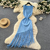 Sexy Backless Knit tassel High Waist Pleated Dress Casual A-line Dress Beach Vestidos Women Evening Party