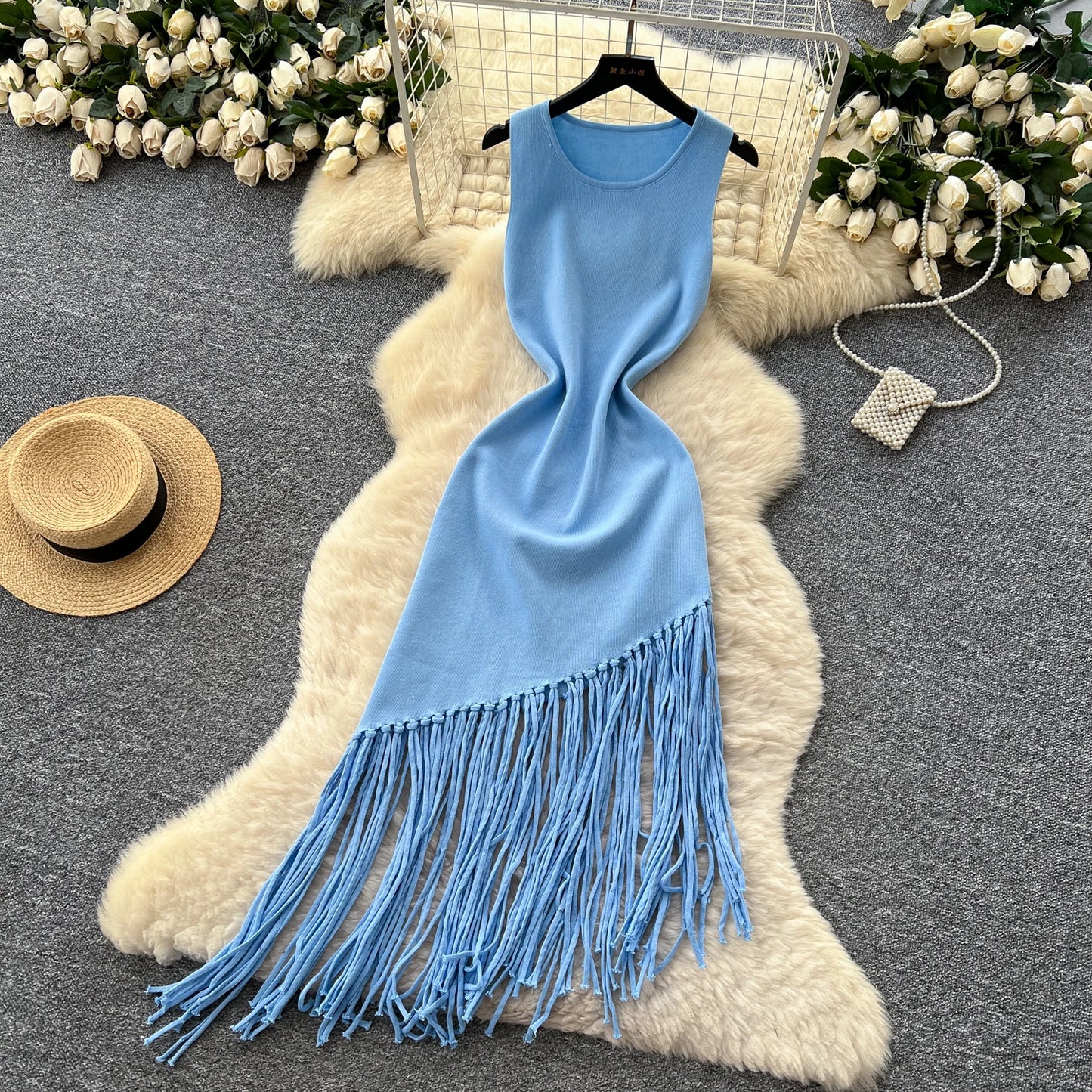 Sexy Backless Knit tassel High Waist Pleated Dress Casual A-line Dress Beach Vestidos Women Evening Party