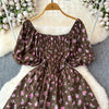 2024 Neues Sommer Blumenmuster Maxikleid Damen Vintage Eckiger Ausschnitt Geraffte Brust Schärpe Bandage Sommerkleid Partykleid