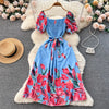 YuooMuoo Fashion Sommer Blumenmuster Langes Kleid Damen Vintage Eckiger Ausschnitt Geraffte Brust Schärpe Bandage Sundress Party Kleider