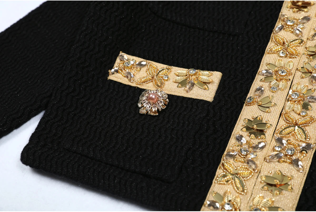 High Quality New Fashionable Elastic Knitted V-neck Luxurious Exquisite Nail Bead Piece Cardigan Slim Fit Short Skirt Women Set