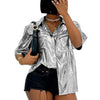 Znaiml Turn-down Collar Button Up Pockets Shirts Metallic Shiny T-Shirts for Women Clothing Blouses Club Party Blusas Para Mujer