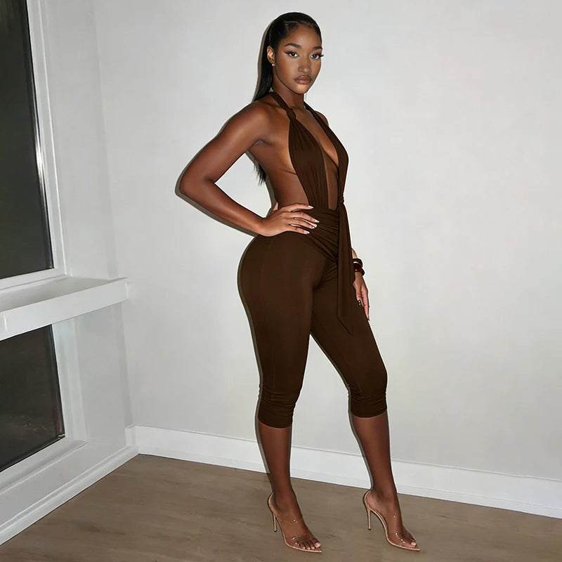 Solid color neck tie, knot, exposed back, tight fitting jumpsuit, cropped pants