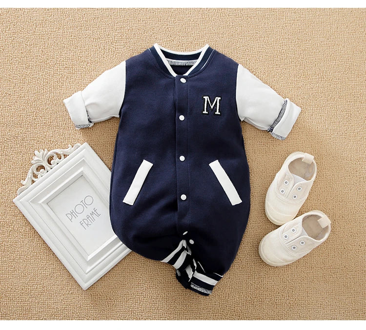 Baby Long Sleeved Jumpsuit Spring And Autumn Boys And Girls Baseball Suit Letter Embroidered Cotton Soft 0-18m One Piece Set