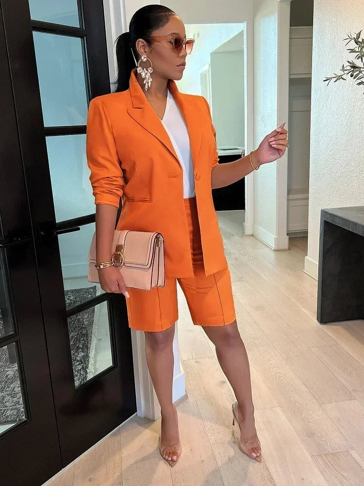 2 Piece Set Blazer Short Suits Knee Length Pant Set Simple Solid Color Office Suit Lady Women Blazer Trousers Two Piece Set