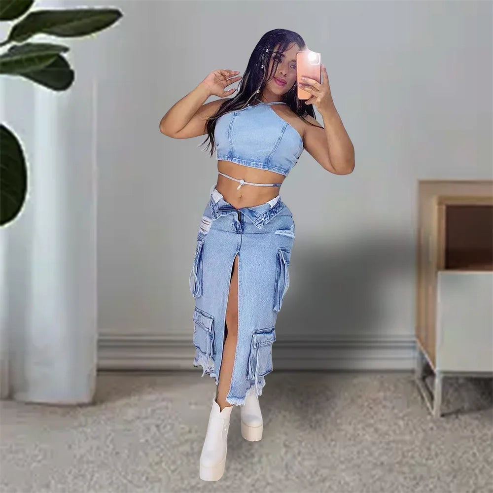 Mid Length Skirts Women Denim Skirt Hole Pockets A Line Slit Slim Y2k Streetwear Elegant Splice Y2k High Waist Summer 2025