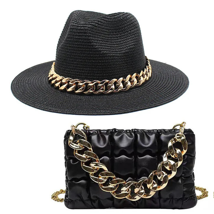 Set Straw Hat and Bag Set Gold Chain Bag Hat Set Ladies Leather Bag Tote Church Fedora Party Jazz Straw Hat