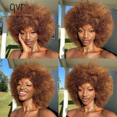 QVR Kurze Afro Kraushaar Perücken mit Pony für Damen Flauschige Kurze Afro Locken Perücken Echthaar Perücke 180% Dichte Volle Maschinenhaare