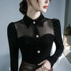 Black Vintage Doll Collar Polka Dot Gold Velvet Top Women's Autumn and Winter Gauze Splicing Perspective Sexy T-shirt