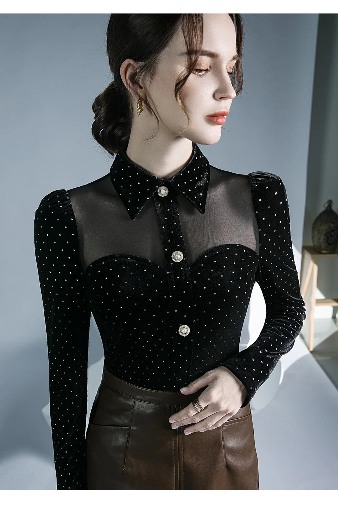 Black Vintage Doll Collar Polka Dot Gold Velvet Top Women's Autumn and Winter Gauze Splicing Perspective Sexy T-shirt