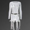 CM.YAYA Women's Set Bow O-Neck Mesh Long Sleeve Tops + Velvet Shorts Suits Streetwear Sexy Two 2 Piece Outfits Tracksuits Summer