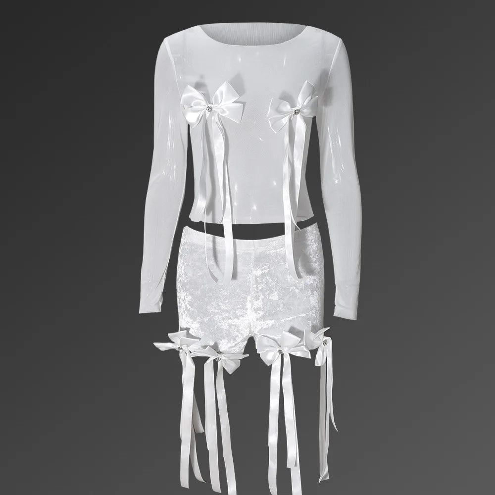 CM.YAYA Women's Set Bow O-Neck Mesh Long Sleeve Tops + Velvet Shorts Suits Streetwear Sexy Two 2 Piece Outfits Tracksuits Summer