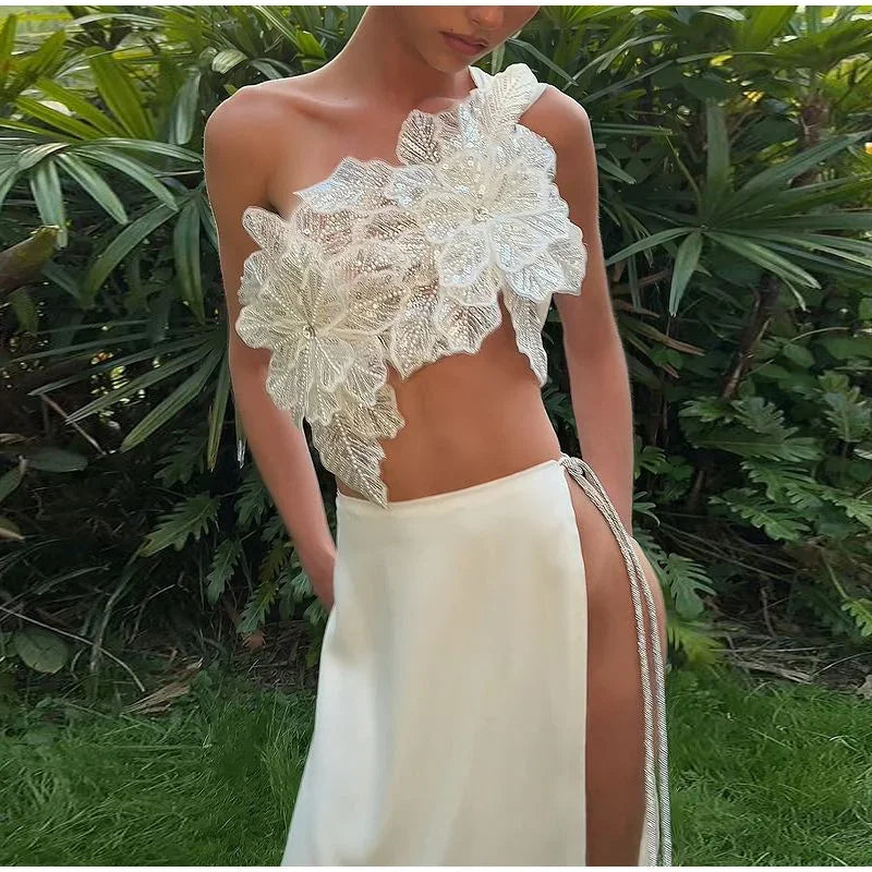 Sexy 3D Flower Vest Skirt Sets Women Slim Sequin Lace Up Crop Tops High Split Long Skirts 2026 Summer Lady Vacation Outfits