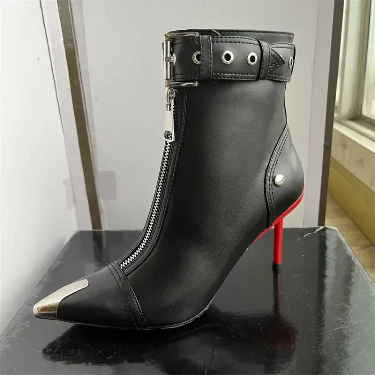 Gürtelschnalle Reißverschluss vorne Modenschau Stiefeletten Damen Herbst Winter Neu Spitz Metallverzierung Rote High Heels Ankle Boots