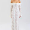 Mozision Blumen-Spitzen-Off-Shoulder Maxikleid für Damen, weiß, trägerlos, rückenfrei, langärmlig, Bodycon, Club, Party, sexy langes Kleid