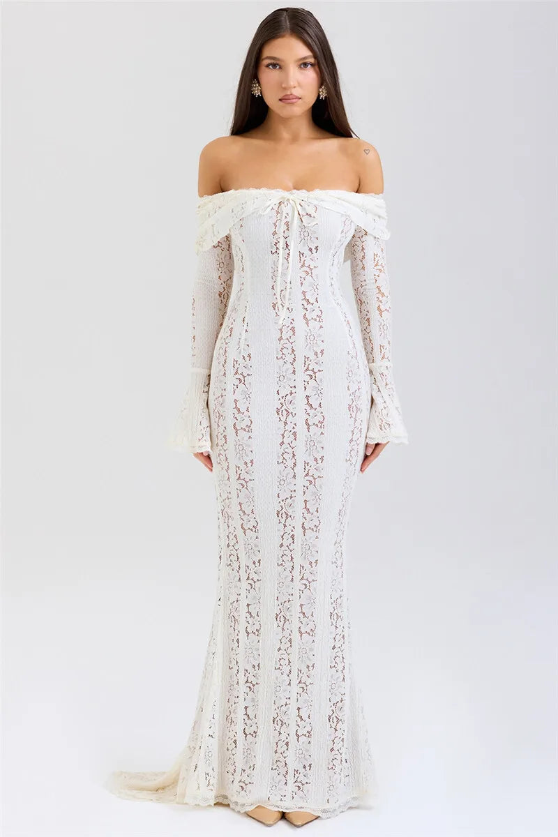 Mozision Blumen-Spitzen-Off-Shoulder Maxikleid für Damen, weiß, trägerlos, rückenfrei, langärmlig, Bodycon, Club, Party, sexy langes Kleid