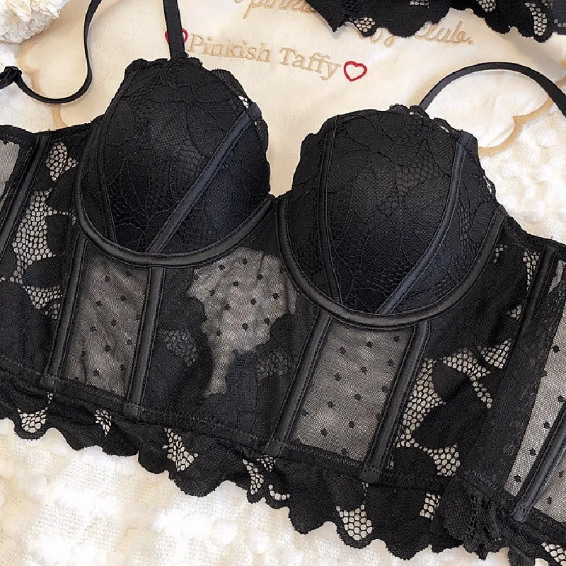 French Ladies Transparent Mesh Corset Sexy Shaper Thin Bra Set Night Club Sweet Cropped Top Girls Hot Bra and Panties Bralette