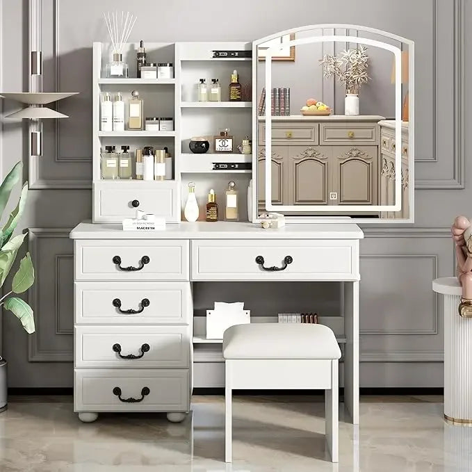 Makeup Vanity Set with Mirror and Light, Storage Drawer, Chair and Shelf, Adjustable Brightness Makeup Vanity with Light