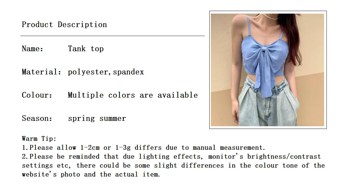 Summer Bow Crop Top Women Y2k Streetwear Clothes Korean Fashion Vest Blue White Pink Sleeveless Cute Tank Tops for Woman 2023