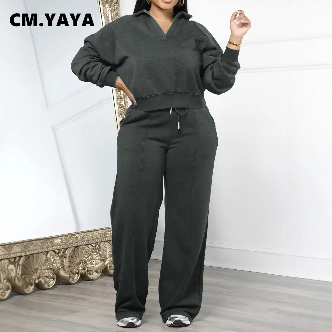 CM.YAYA Fashion Striped Women's Set V-neck Long Sleeve Sweatshirt and SweatPants Tracksuit 2025 Winter Two 2 Piece Set Outfit