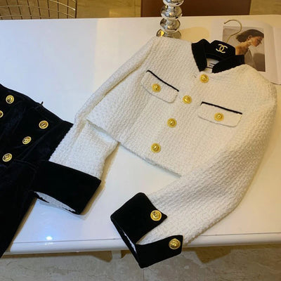 Fashion Stitching Tweed Short Jacket Women Autumn Winter Elegant Office Lady Coat Y2K Korean O Neck Single Breasted Crop Outwear