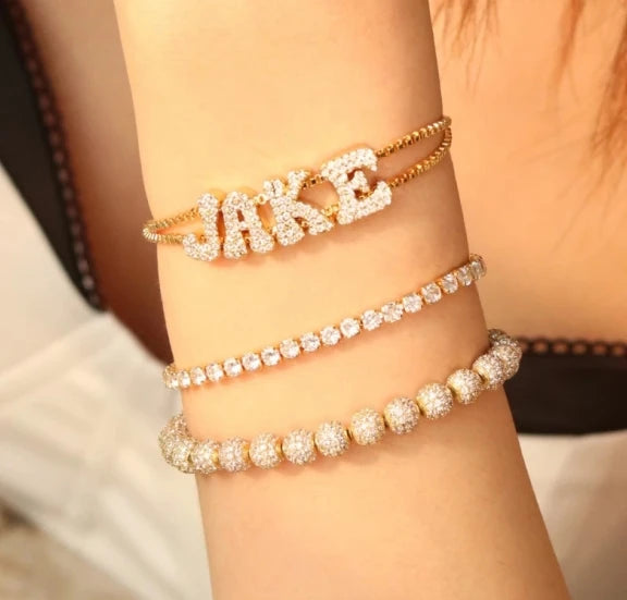 DOREMI Fat Bubble Slide Armband mit Initialen, voll mit Kristallbuchstaben, Damen-Namen, DIY-Schiebebuchstaben-Armbänder