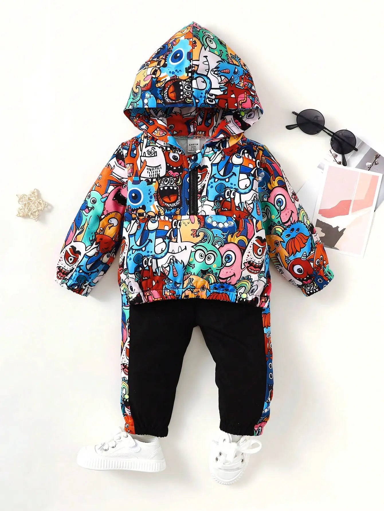 Two Sets Of Baby Boys Casual Cute Monster Pattern Half Open Front Hoodie & Pants Spring And Autumn