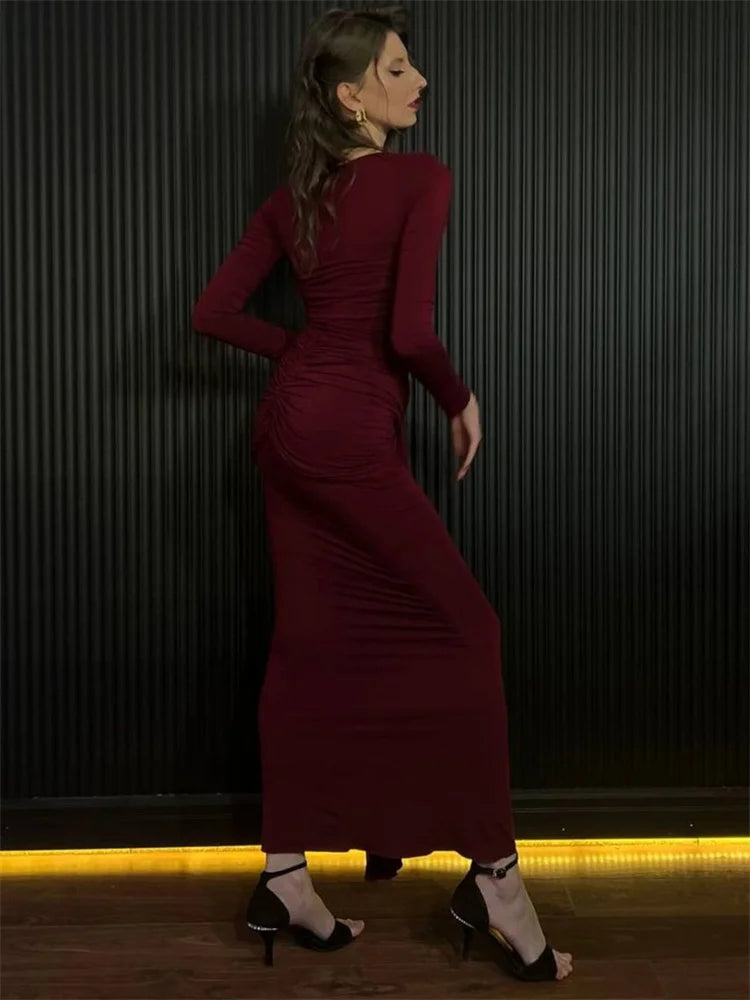 Tossy Damen Plissee Sexy Maxikleid Patchwork Twist Slim Langarm Einfarbig Y2k Herbst Streetwear Kleid Damen Bodycon Kleid