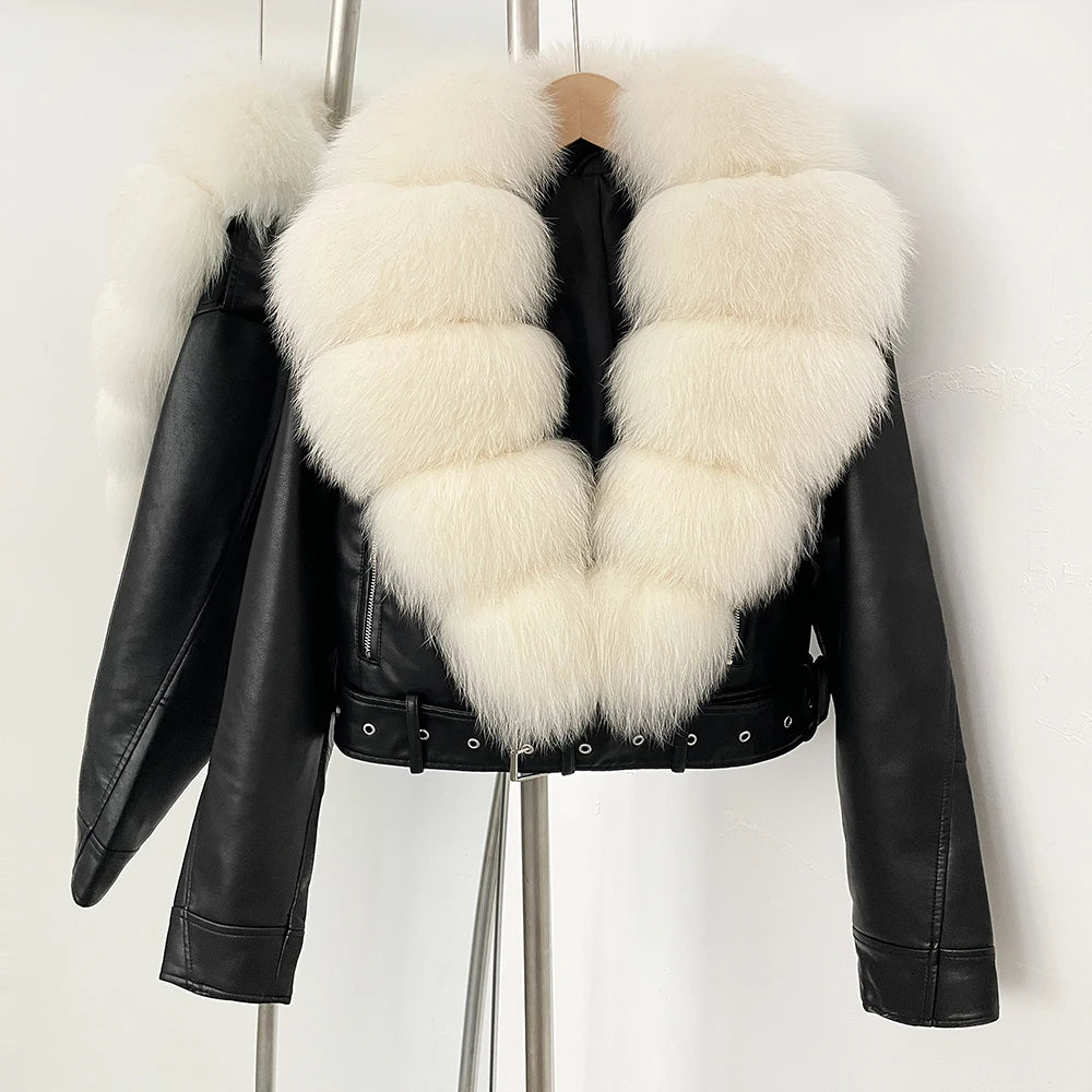 OFTBUY Natural Fox Fur Faux Leather Jacket Female New Autumn Short Top Clothing Women Long Sleeve Fake Leather Real Fur Coat