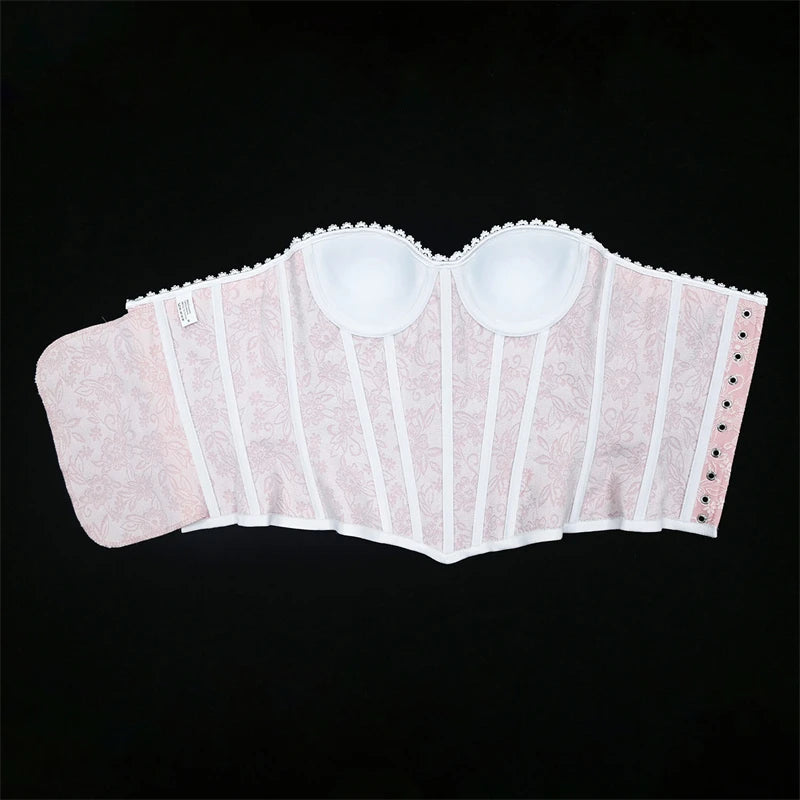 Sexy Women Pink Overbust Corset Crop Top Sweet Lace Patchwork Slim Fit Strapless Bustier Chic Party Summer Clothes Streetwear