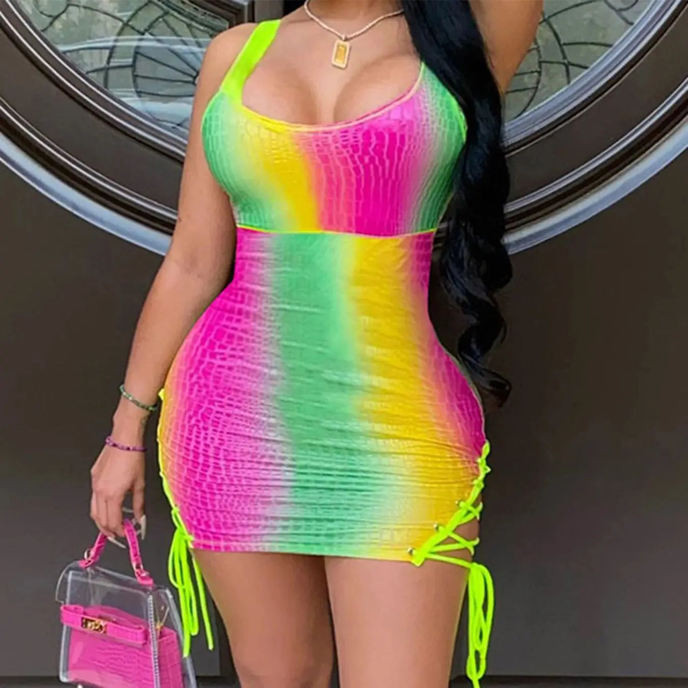 New European and American cross-border women's clothing hollow sexy tight rainbow color lace dress female