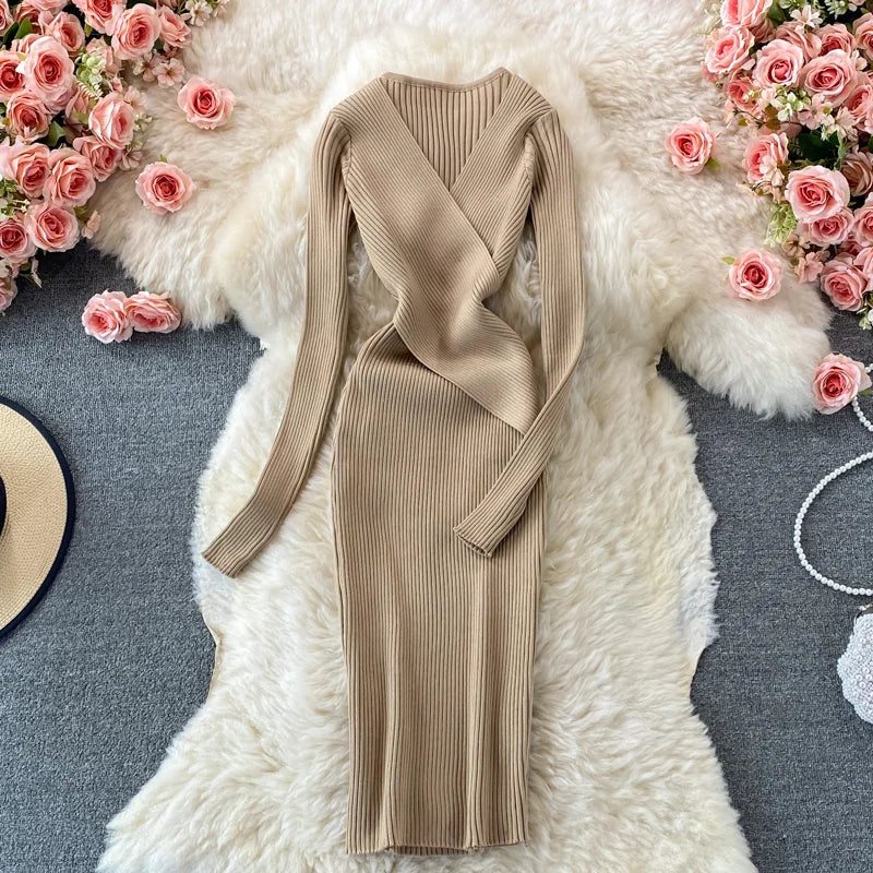 YuooMuoo Autumn Winter 2025 Women Dress Elegant Cross V-neck Slim Waist Knitted Bodycon Dress Korean Office Lady Vestidos
