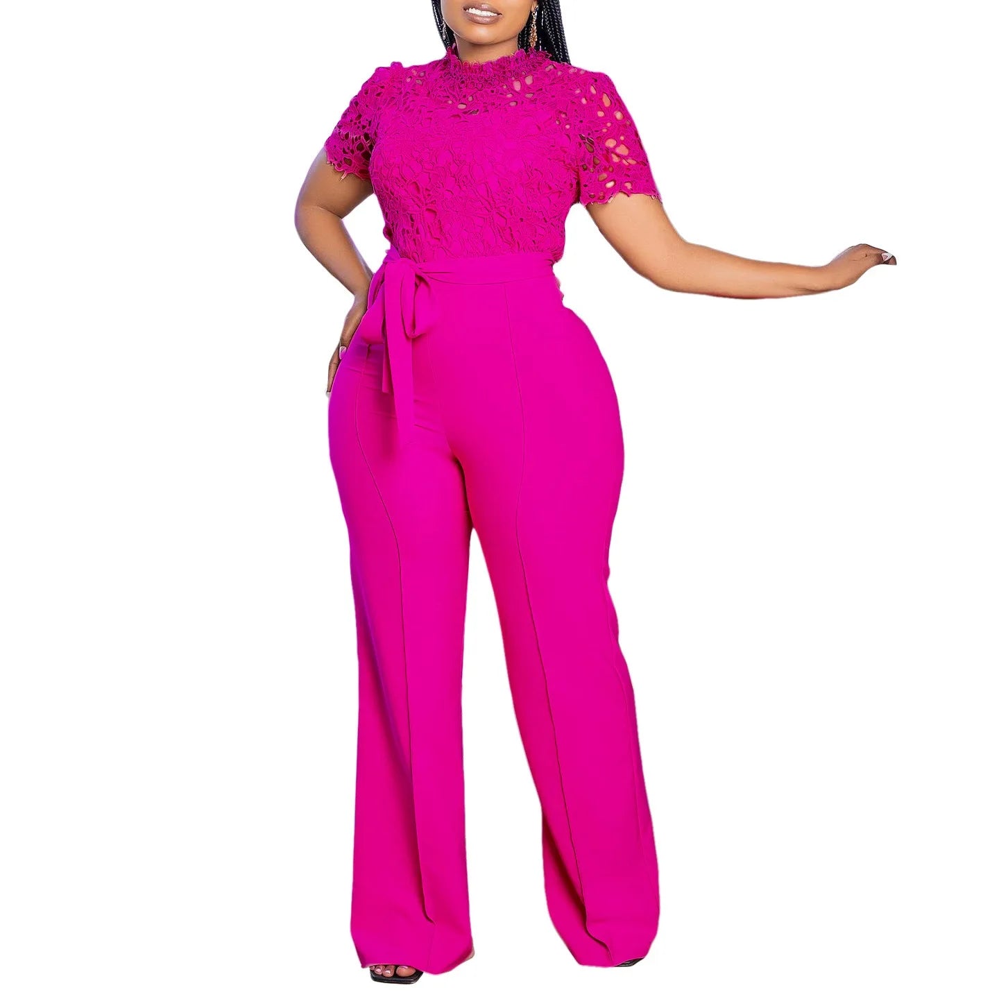 Elegante Jumpsuits & Rompers für Damen Rundhals Spitze Patchwork Kurzarm Gürtel Hohe Taille Luxus Geburtstagsparty Abend Outfit
