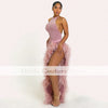 Sexy Slit African Evening Party Birthday Gowns Halter Neck Prom Dresses With Feathers Vestido De Festa Customized