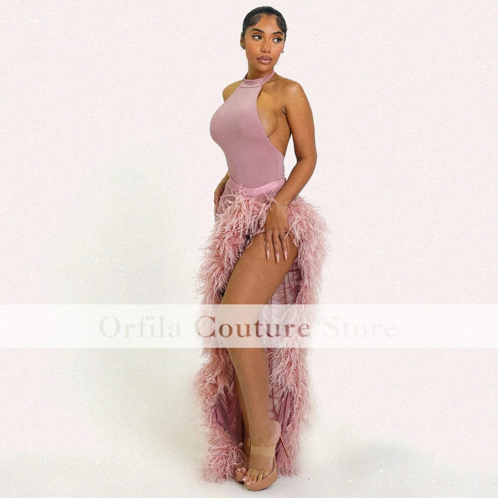 Sexy Slit African Evening Party Birthday Gowns Halter Neck Prom Dresses With Feathers Vestido De Festa Customized